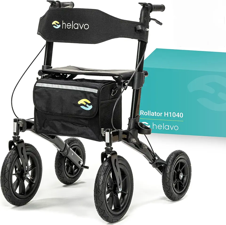 Helavo All Terrain Walker with Pneumatic Tires 12“ Front Large Wheels - Foldable Outdoor Walker for Seniors with Seat, Best Comfort on All Surfaces