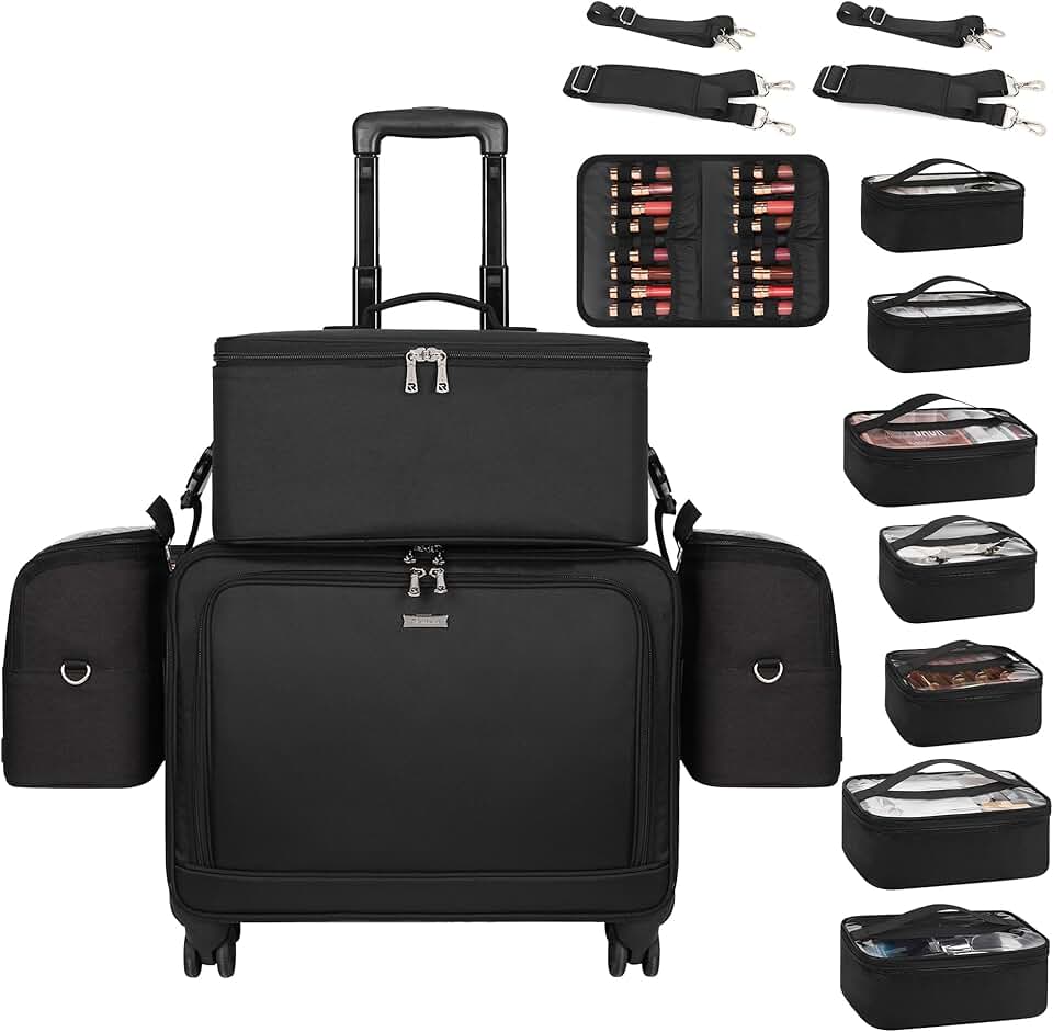 Rolling Makeup Train Case Professional Makeup Artist Bag 4 in 1 Extra Large Makeup Bag with 7 Small Bag Makeup Case Trolley Cosmetic Case with Swivel Wheels and Adjustable Dividers