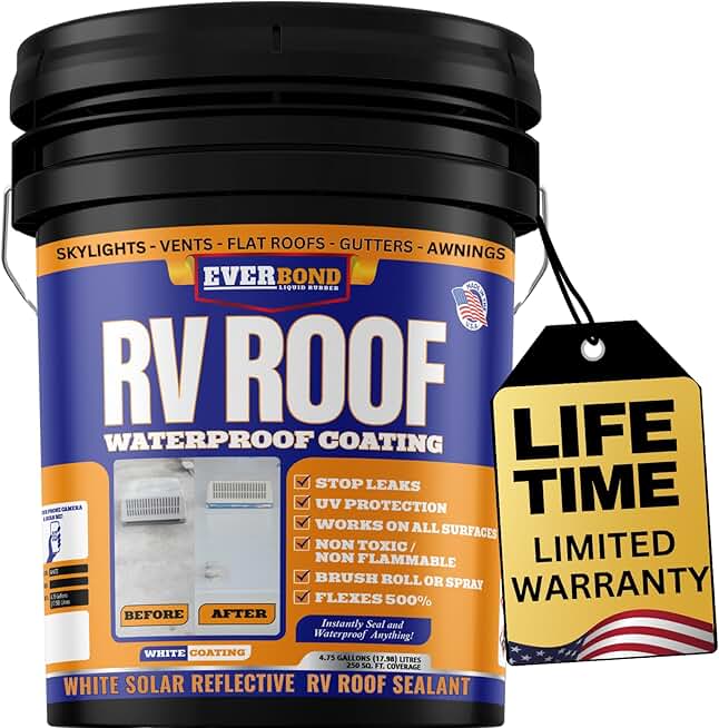 RV Roof Coating - Liquid Rubber RV Roof Sealant for Camper Roofs, Trailers, Motorhomes, and Metal Buildings - Roof Cooling White 4.75 Gallon