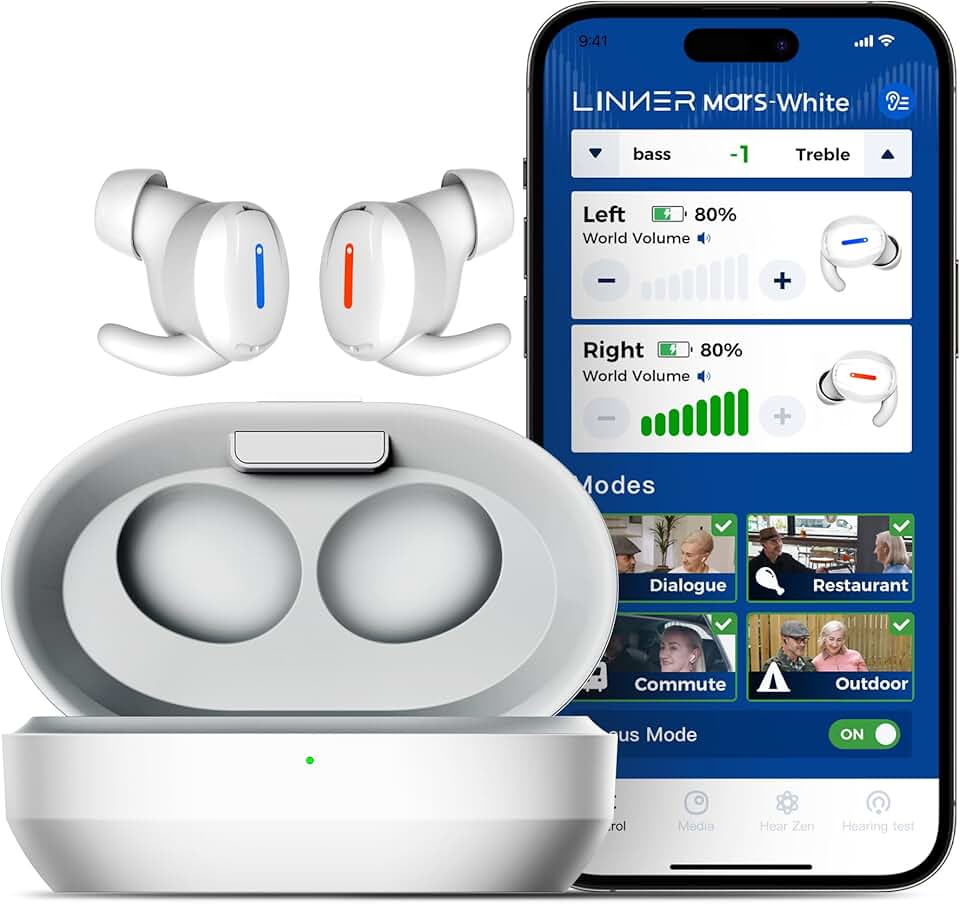 Mars Hearing Aids,In-the-Ear, Hearing Amplifier, Rechargeable, Noise Canceling, Volume Control, Assistive Listening Device for Seniors, Adults (White)