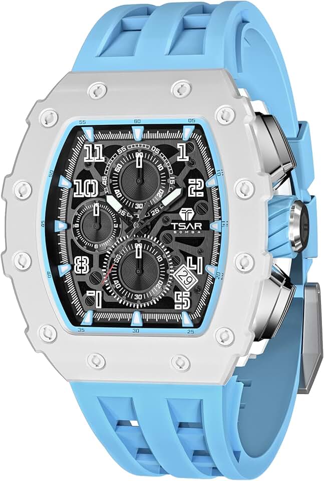 TSAR BOMBA Watch for Men, 50M Waterproof Mens Watches, Luxury Tonneau Watch with Silicone Watch Bands, Japanese Quartz Movement Chronograph, Gifts for Men