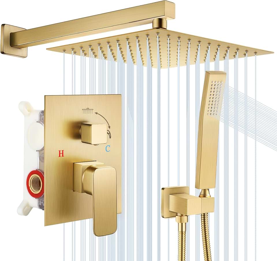 Wall-mounted High Pressure Shower Faucet set |10 inch Rain shower faucet | Handheld shower faucet and support set | high precision shower mixing valve | brushed golden shower system