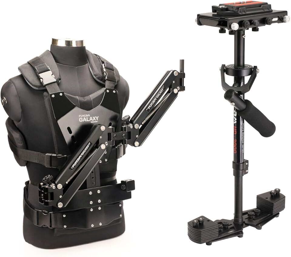 Flycam HD-3000 Telescopic Stabilizer w/Galaxy Arm & Vest for Video Cameras. Micro Balancing, Shock Absorption- Stable Shots. Reduces Fatigue/Strain + Unico Quick Release & Table Clamp (GLXY-AV-HD-3)