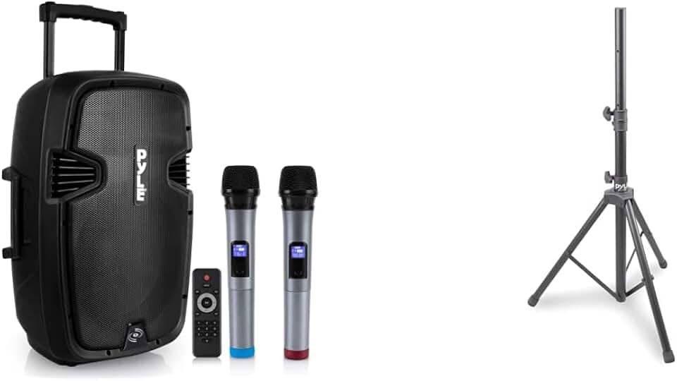 Pyle Karaoke PA Speaker System Bundle - Portable Bluetooth Speaker, Tripod Speaker Stands, Microphones and Accessories