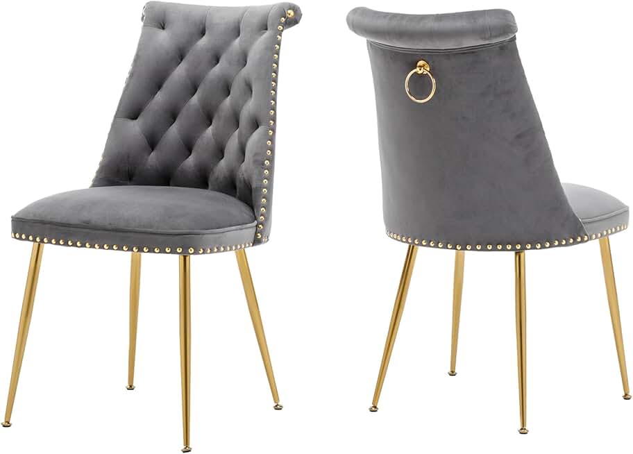 Velvet Dining Chairs Set of 2，Grey Upholstered High Back Chairs for Bedrooms，Living Room, Dining Room, Kitchen，Modern Metal Chairs with Gold Handle and Gold Legs