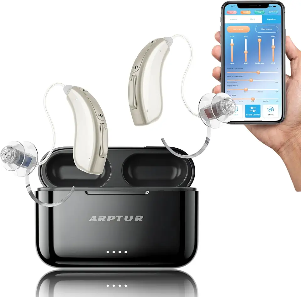 Rechargeable Bluetooth Hearing Aids for Seniors - APP Controlled, Noise Cancelling, Wireless Music Streaming, Hands-Free Phone Calls, OTC Hearing Devices (Champagne)