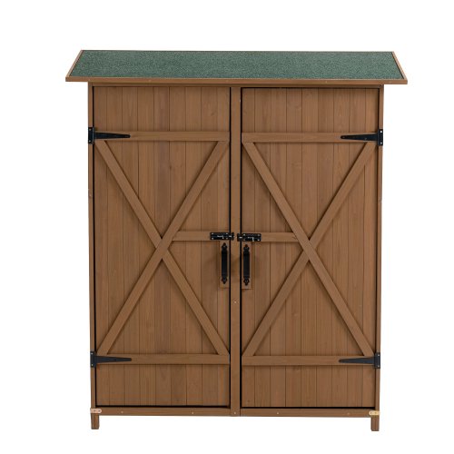 Outdoor Storage Cabinet, Outdoor Storage Shed with Locking Door, Wooden Tool Storage Shed with Removable Shelves and Pitched Roof, Yellow Brown