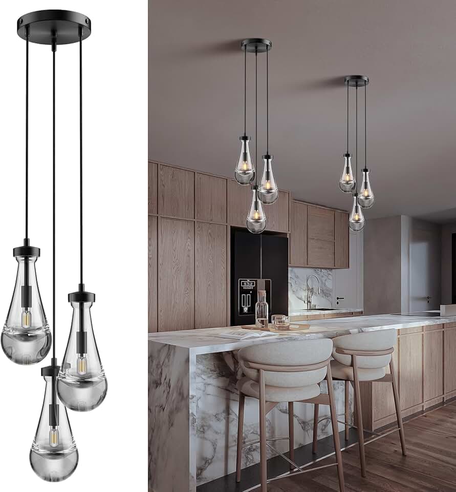 Raindrop Pendant Lights,Teardrop Black 3 Light Pendant Lighting Adjustable Hanging Rope Pendant Light Kitchen Island