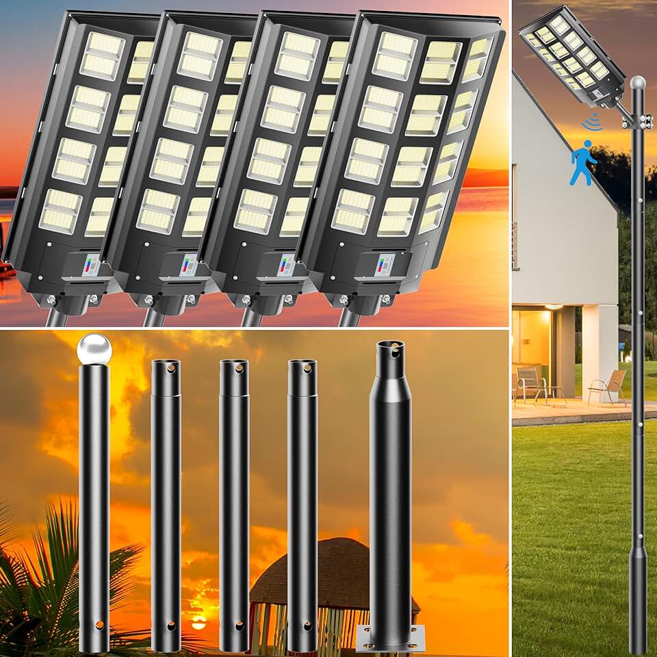 4-Pack Solar Outdoor Light 3200W,16Ft Tall Street Light Pole,Wide Angle Lamp, Waterproof IP67,with Remote Control & Motion Sensor,The Ultimate Lighting Solution for Parking Lots and Beyond
