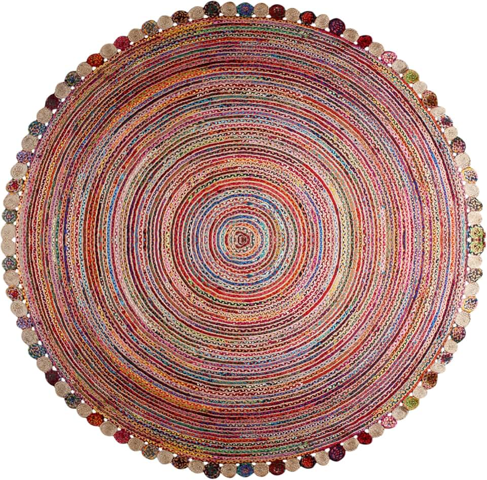Cape Code Collection Circle Area Rug - 7 x 7 Ft' Beige and Multicolor Pattern Chindi Cotton and Jute Mat Ideal for High Traffic Area in Bedroom Dining Room Living Room Hallway Enterway