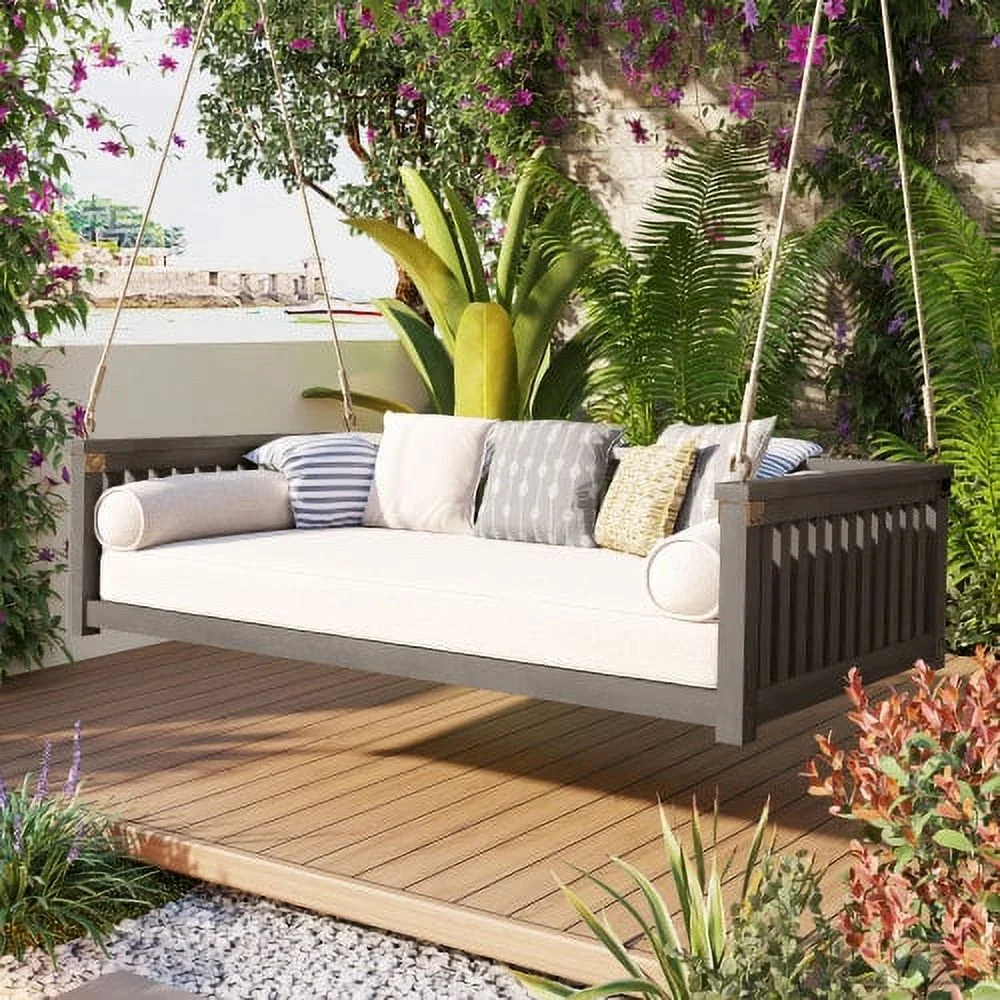 Patio Minimalist Twin Size Garden Swing Bed Wood Porch Swing with Ropes for Backyard, Safe Sloped Design, Gray