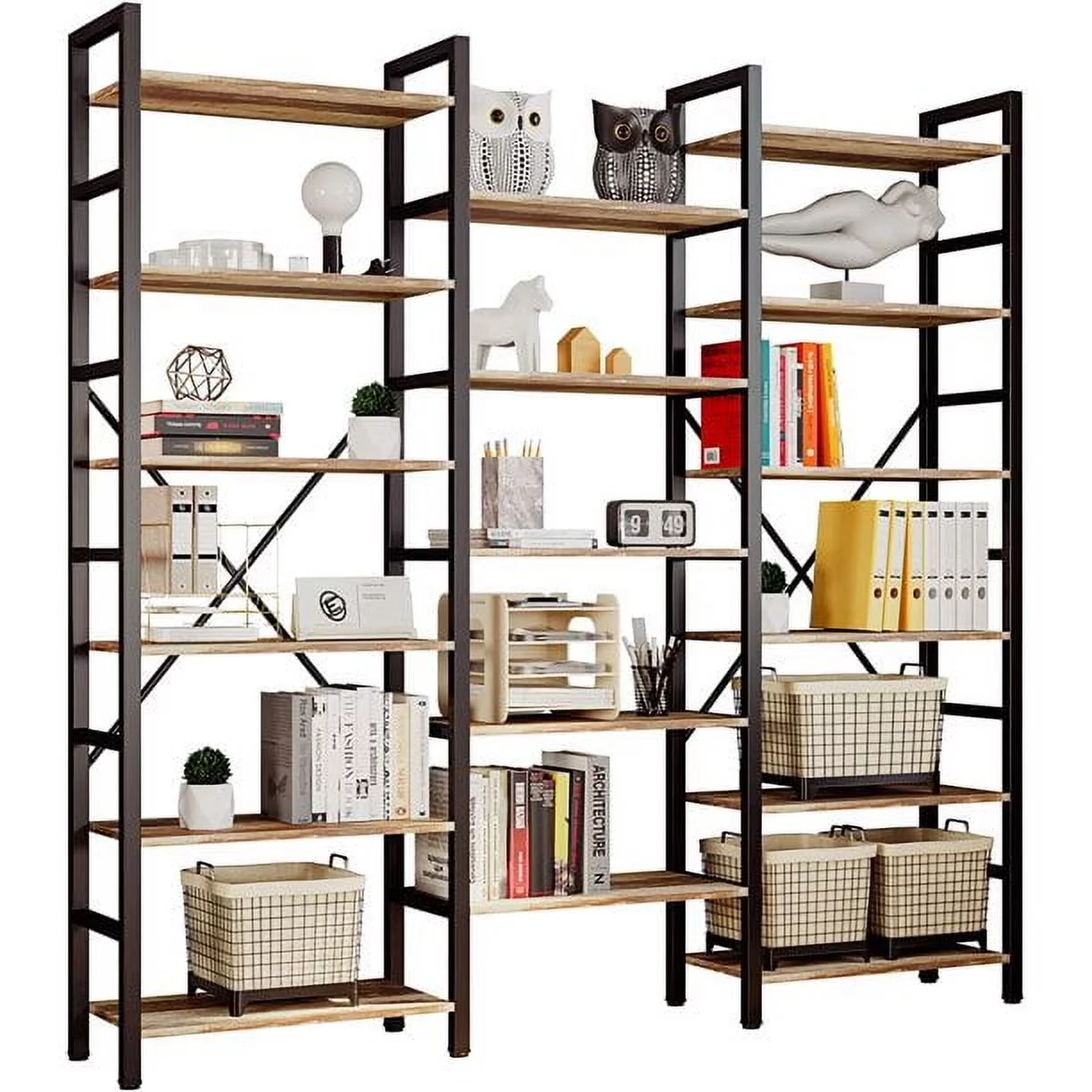 IRONCK Bookcases and Bookshelves Triple Wide 6 Tiers Industrial Bookshelf  Large Etagere Bookshelf Open Display Shelves with Metal Frame for Living Room Bedroom Home Office