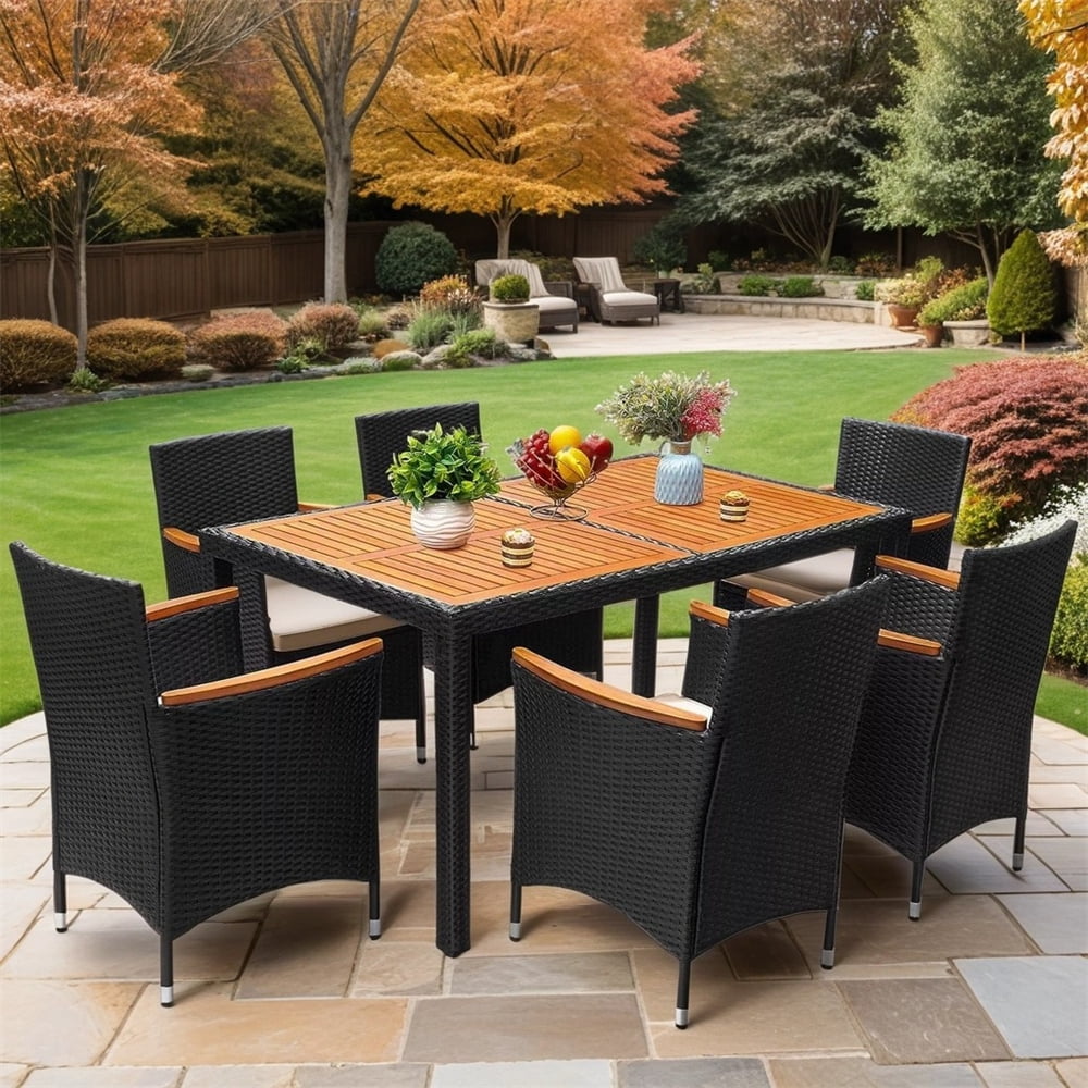 Outdoor Patio Dining Set, 7 Pieces Patio Wicker Furniture Dining Set with 6 Chairs and Acacia Wood Top for Yard, Garden, Porch and Poolside, Black