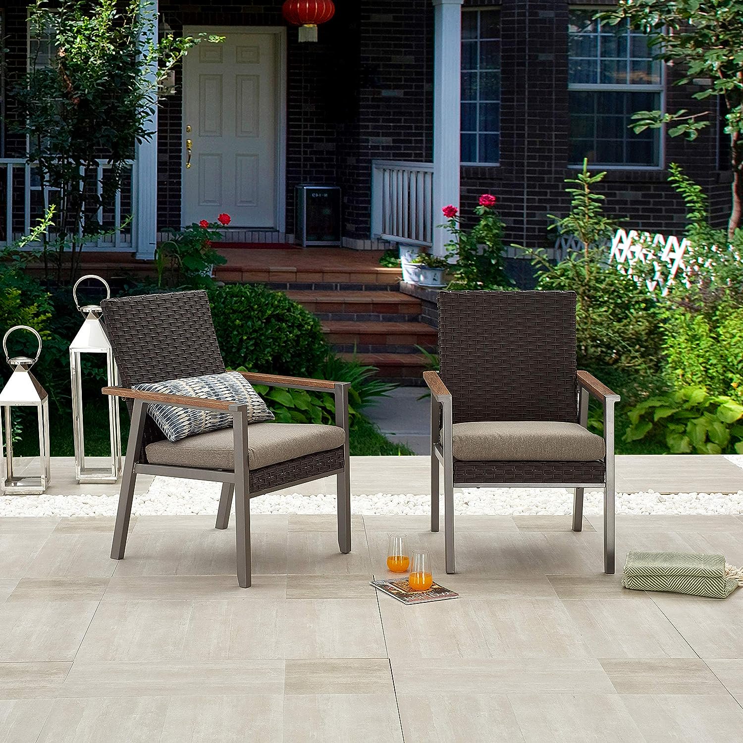 Outdoor Wicker Patio Rattan Dining Set of 2 with Gray Cushion, 2 Chairs