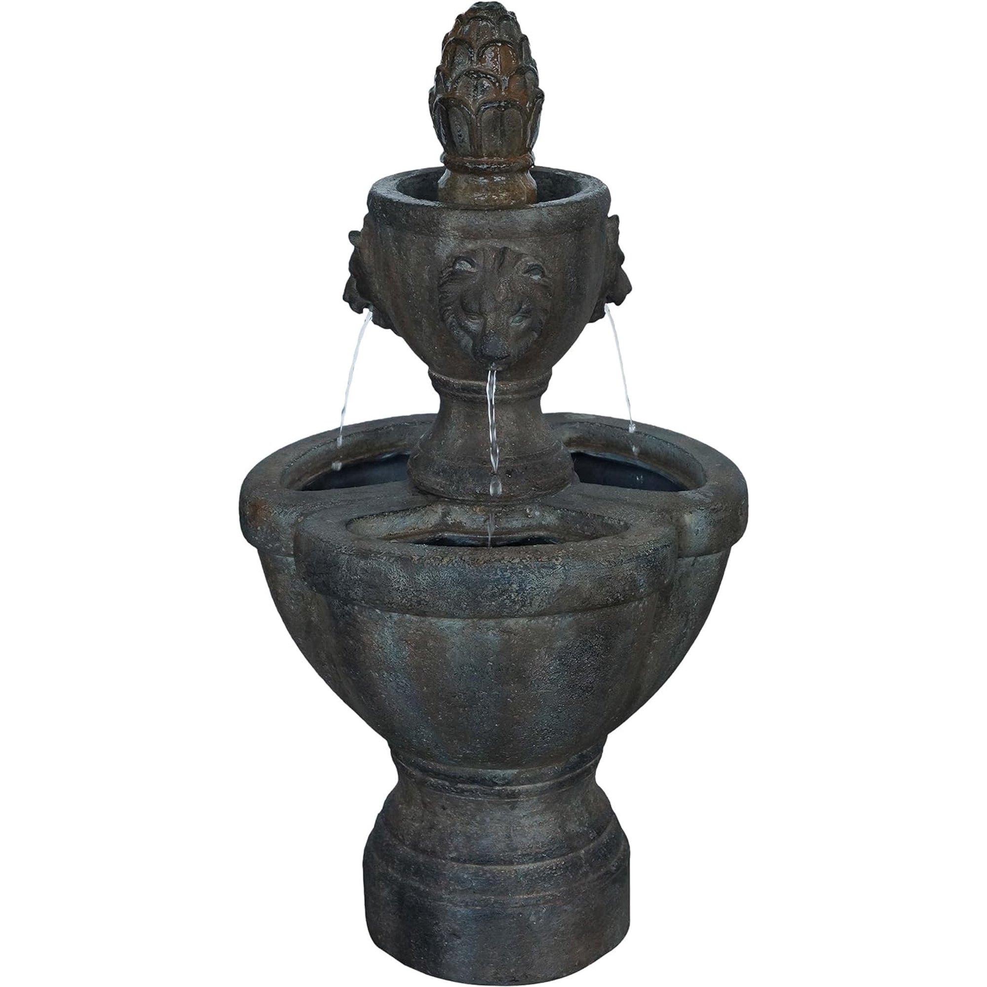 Outdoor Fountain  Polyresin 2-Tier Water Feature with Lion Head Details and Realistic Stone Appearance  Yard Art with Soothing Sound by ZHIYU
