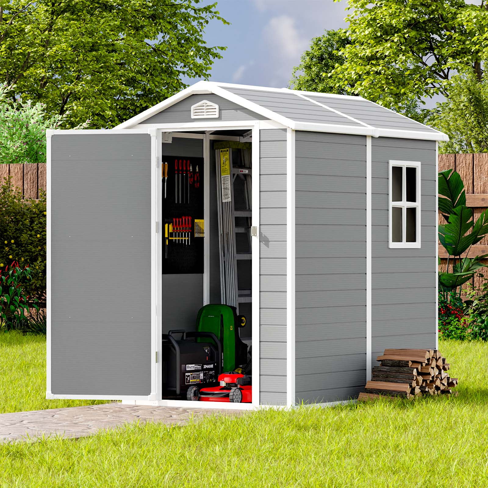 Patiowell 6x4 Plastic Outdoor Storage Shed-Perfect to Store Patio Furniture, GardenTools Bike Accessories, Beach Chairs and Lawn Mower, Grey & White