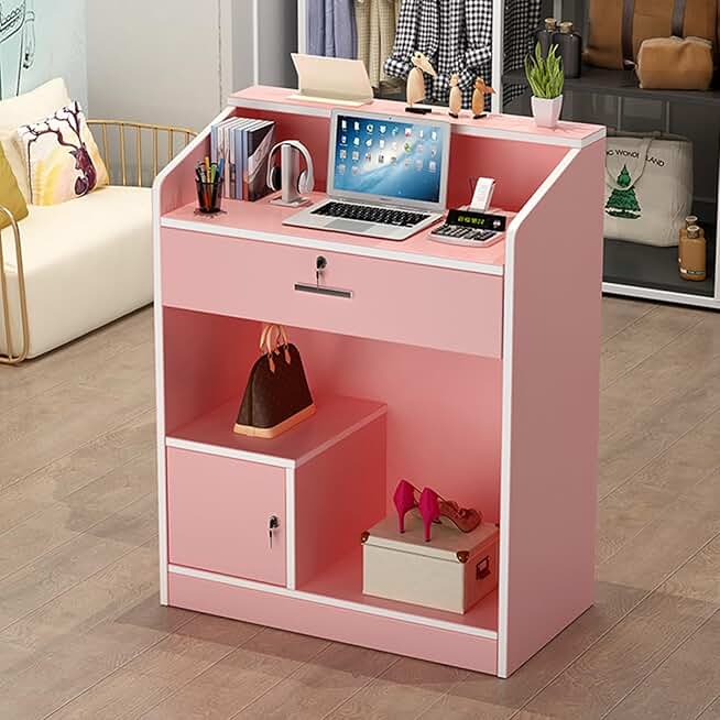 Modern Wooden Reception Desk with Counter, Retail Checkout Counter with Lockable Drawers, Small Salon Reception Desk with Counter, for Checkout, Lobby, Salon, Retail(Pink,80cm/31.5in)