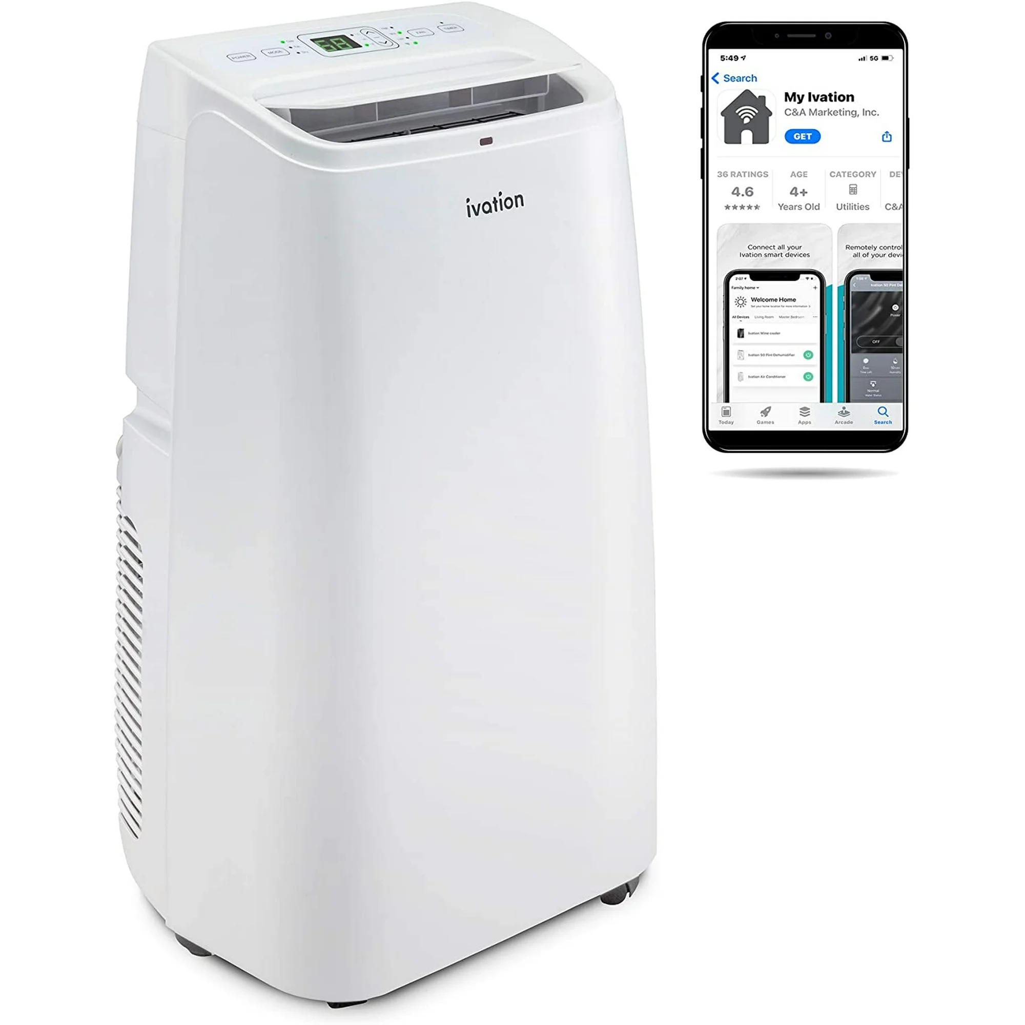 Ivation 13,000 BTU Portable Air Conditioner with Wi-Fi for Rooms up to 500 Sq ft