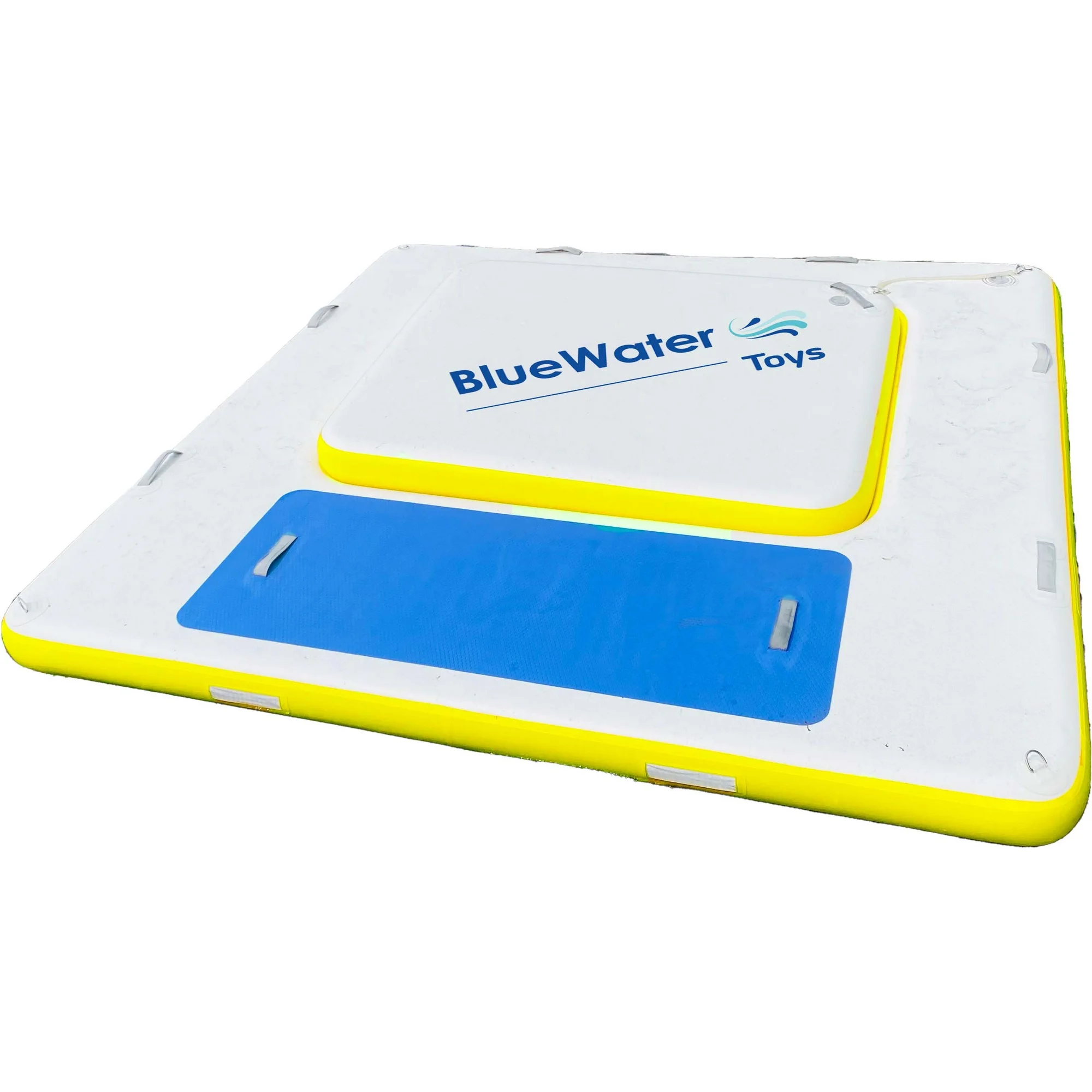 Patented 3-in-1 Inflatable Water Deck, Portable Swim Platform with Removable Floating Island Raft, Mesh Lounge Dock, Blue, Yellow, & White, 8' x 8', By Blue Water Toys