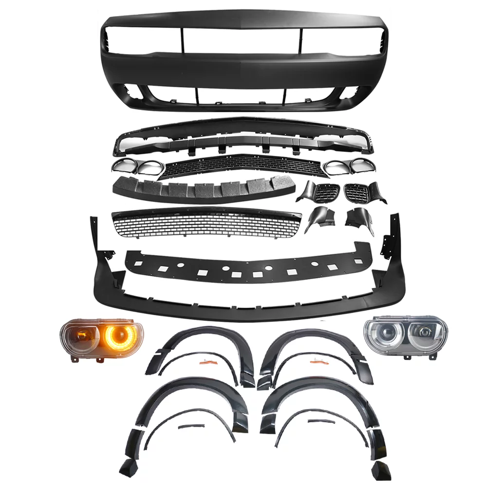 Ikon Motorsports Compatible with 08-14 Challenger Front Bumper Cover + Demon Lip + Fender Flare + Headlights