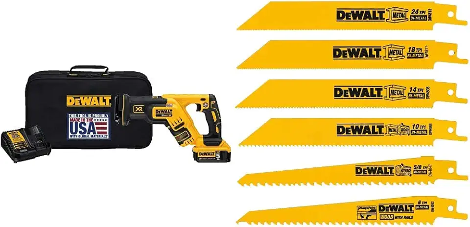 DEWALT 20V MAX XR Compact Reciprocating Saw (DCS367P1) and Reciprocating Saw Blades Set (DW4856) - 6 Pieces