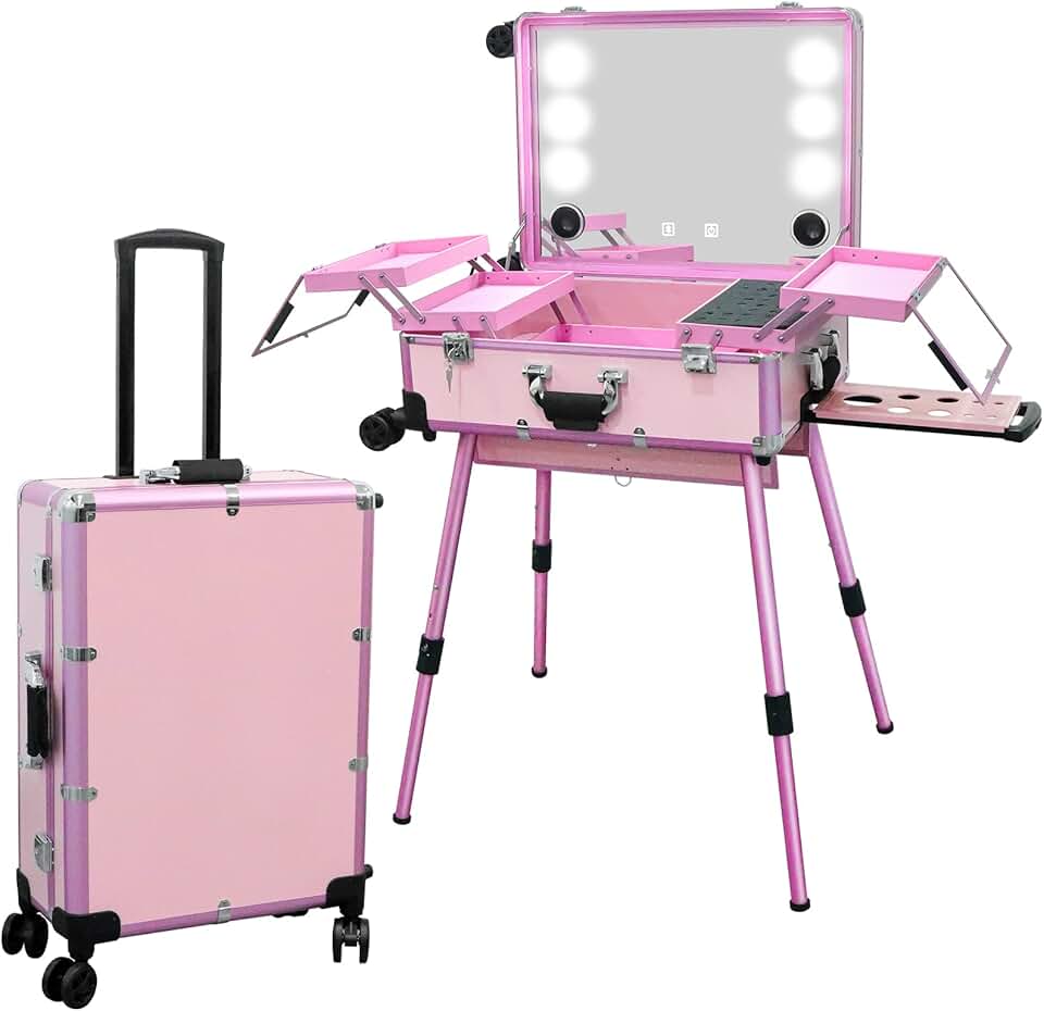 Lorvain Rolling Makeup Train Case with Lighted Mirror, 24 inch Large Make up Cosmetic Orgainzer Box Travel Case with Bluetooth, Professional Protable Aluminum Trolley Salon Station - Pink