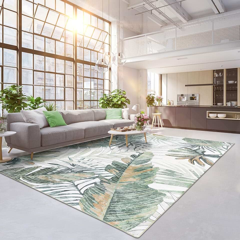 DECOMALL Jasmine Washable Area Rugs 9x12ft, Tropical Palm Leaf Non Slip Rug, Soft and Thin Large Carpet for Living Room Bedroom,9x12ft Green/Multi