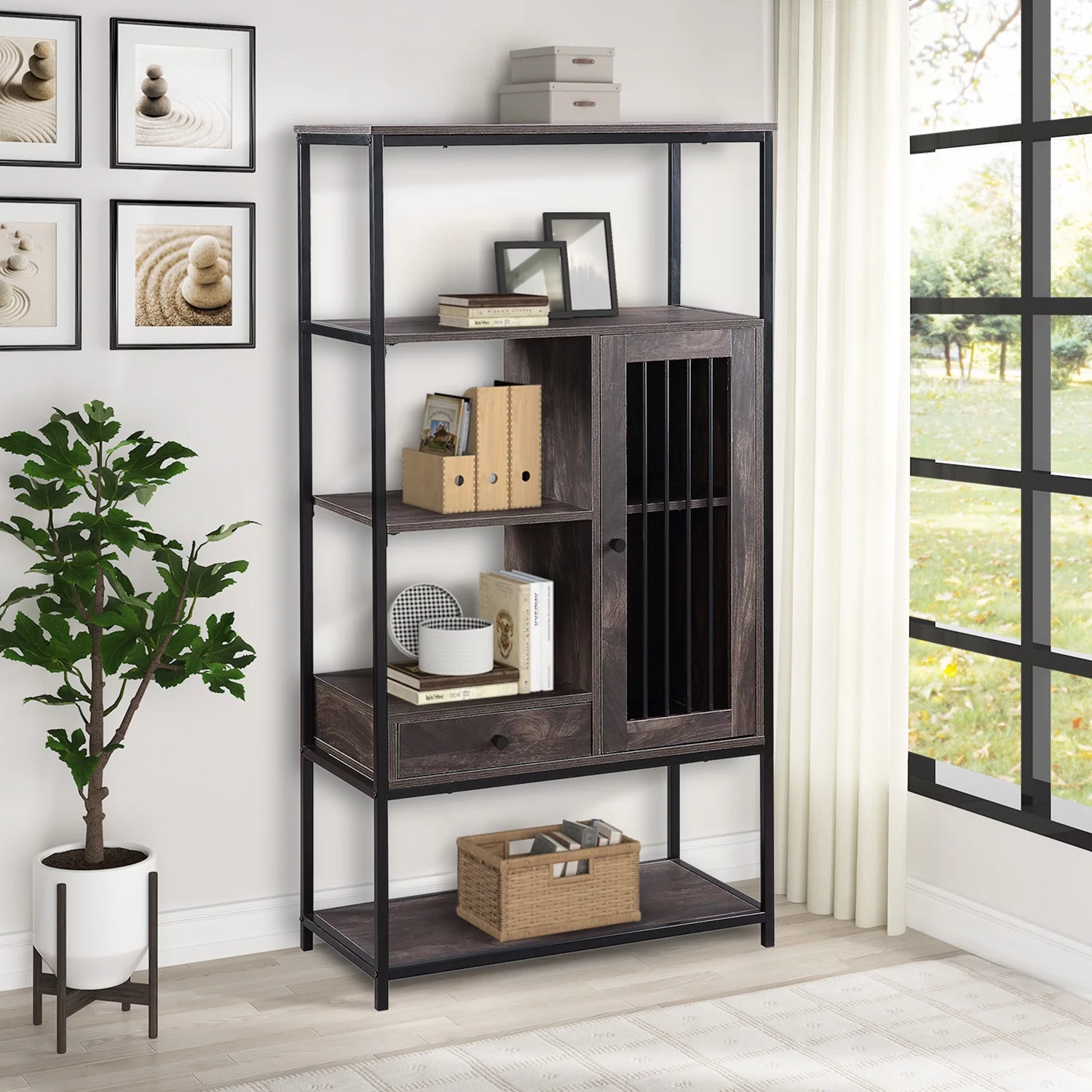 ikayaa Home Office Bookcase and Bookshelf 5 Tier Display Shelf with Doors and Drawers, Freestanding Multi-functional Decorative Storage Shelving, Vintage Brown Industrial Style (Brown)