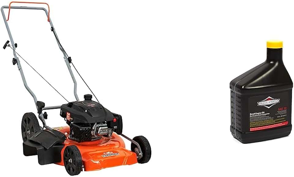 YARDMAX 21 in. 170cc 2-in-1 Gas Walk Behind Push Lawn Mower with High Rear Wheels & Briggs & Stratton 100005 SAE 30W Engine Oil - 18 Oz