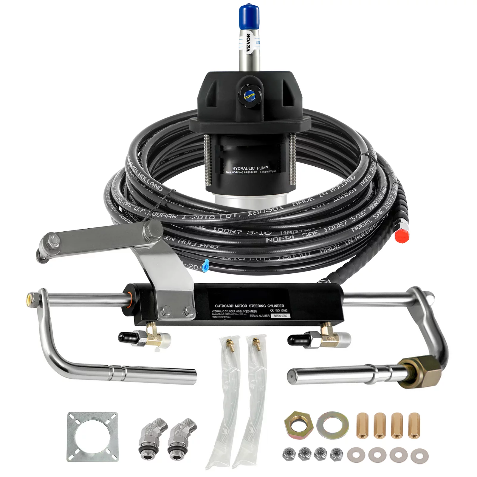 BENTISM Hydraulic Outboard Steering System Kit 90HP Marine Cylinder Helm Tubing Boat