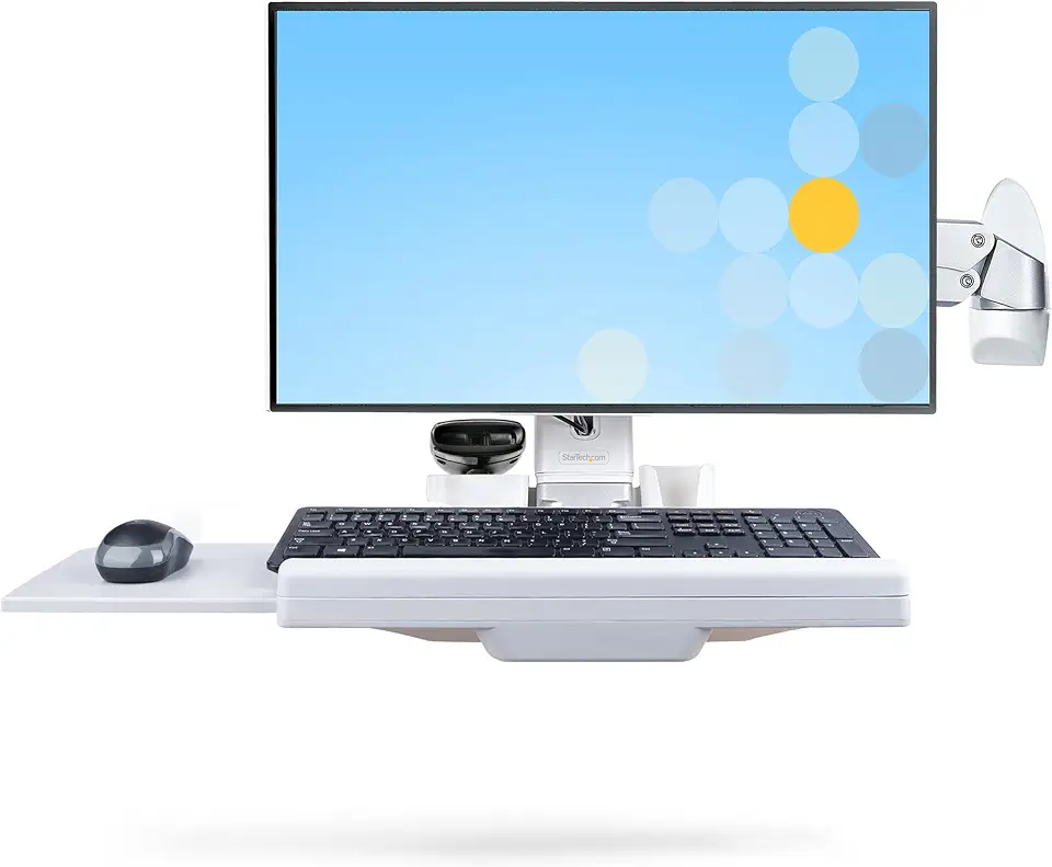 StarTech.com Wall Mount Workstation, Full Motion Sit Stand Desk w/Height Adjustable VESA Monitor Arm & Keyboard Tray, Ergonomic Wall Mounted Computer Workstation, Single Display (Wall-Workstation-S)