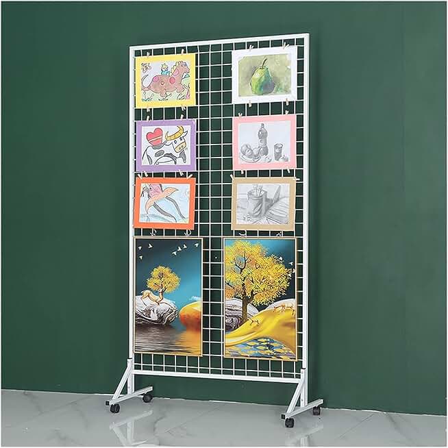 Floor Standing Gridwall Mesh Display Panel, Home Nursery Florist Market Retail Storage Holder with Wheels, Photo Display Stands, Decorative Partition Screen (Color : White, Size : 50x180CM