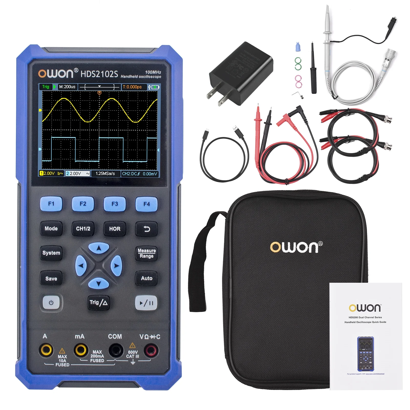 Owon Oscilloscope,RMS 20000 Tester Channels RMS 20000 Type-C 3 1 Handheld HDS2102S 3 1 3.5-inch Color LCD Tester 3.5-inch Color 500MSa/s Dual Channels Handheld 100MHz 500MSa/s 20000 Tester 3.5-inch