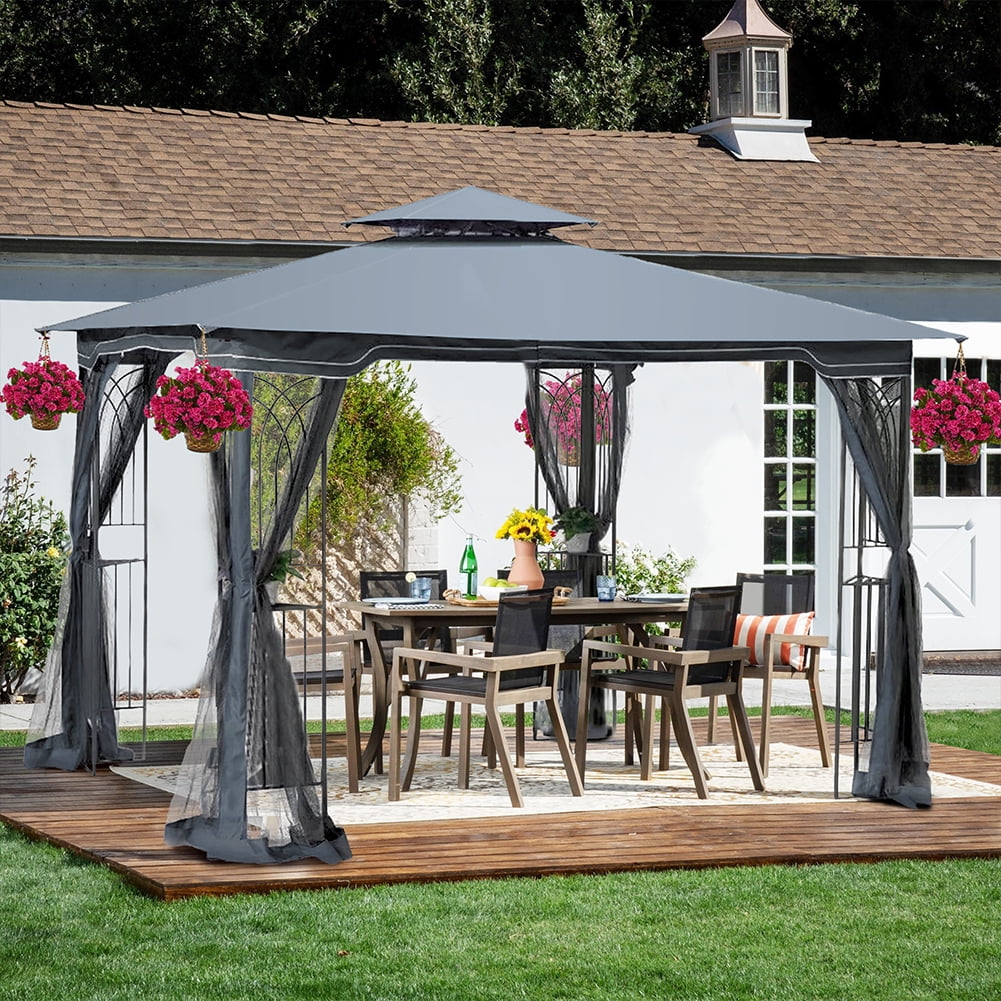 Patio Gazebo Canopy, 10'x10' Outdoor Gazebo with Double Vented Roof, Gazebo for Patio with Privacy Netting & Steel Frame, Easy Setup Permanent Pavilion with Strong Legs for Patios, Lawns, Gardens