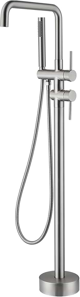 Freestanding Bathtub Faucet Brushed Nickel, Two Function Handle Floor Mount Tub Filler Faucet with Handheld Shower and 360 Degree Swivel Spout (Brushed Nickel)
