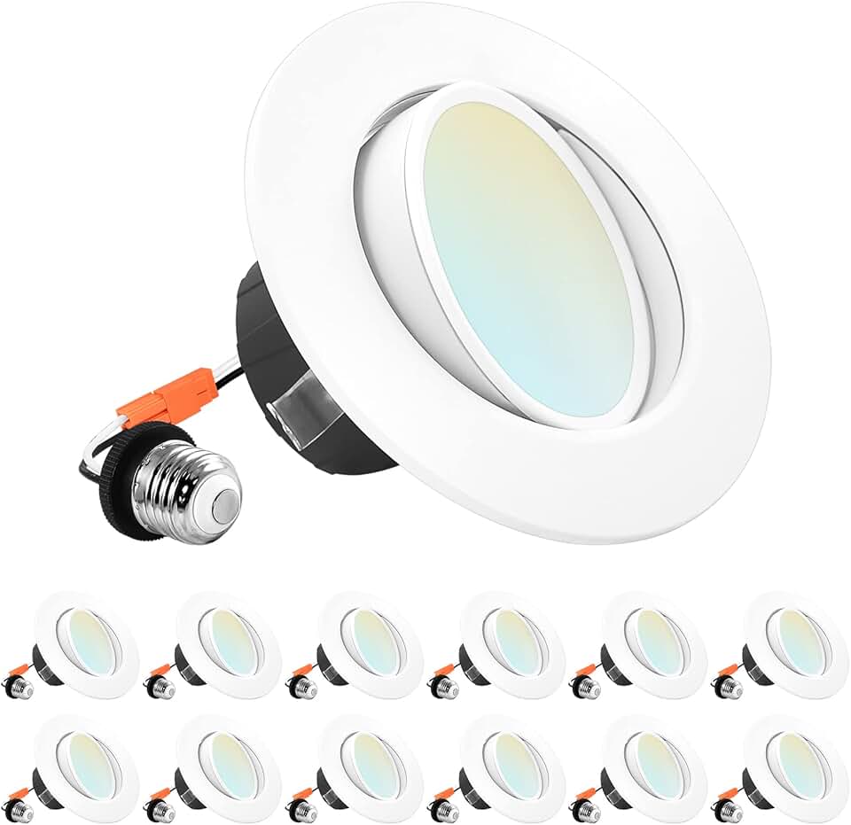 LUXRITE 12-Pack 4 Inch Gimbal LED Recessed Lighting Can Lights, 8W=60W, 5 Color Selectable 2700K-5000K, CRI 90, Dimmable Adjustable LED Downlight, 700 Lumens, Wet Rated, Energy Star, ETL Listed