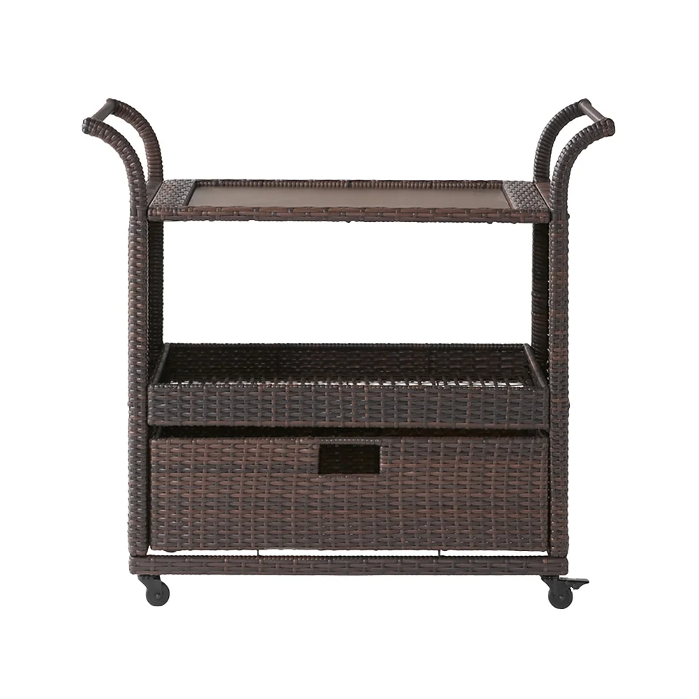 Patio Bar Cart, Outdoor Wicker Serving Cart With Wheels, Bar Cart With Flat Tabletop Tray Shelf Drawer Handle, Home Cart For Backyard Garden