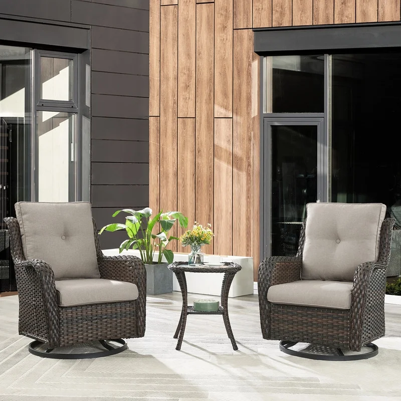 PARKWELL 3-Piece Outdoor Swivel Gliders with Side Table - Patio Wicker Bistro Furniture Set for Porch Deck Backyard - Beige Cushioned Swivel Rocking Chairs in Brown Wicker