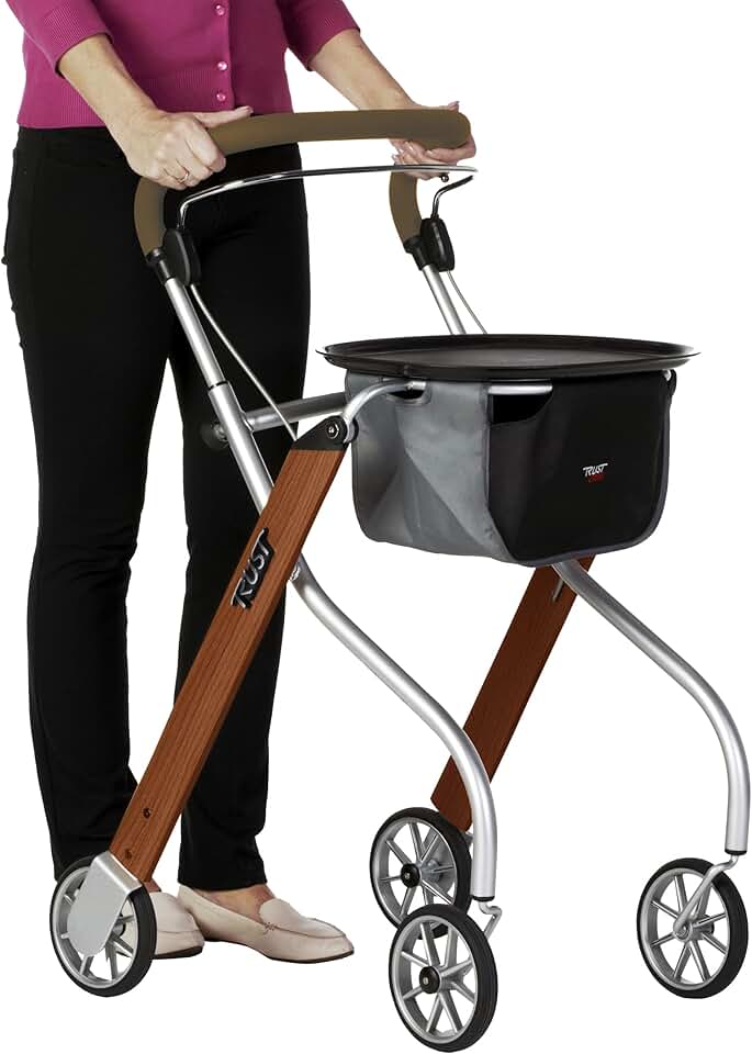 Stander Let’s Go Indoor Rollator, Lightweight Four Wheel Euro Style Walker with Tray, Folding Mobility Aid for Seniors by Trust Care, Walnut