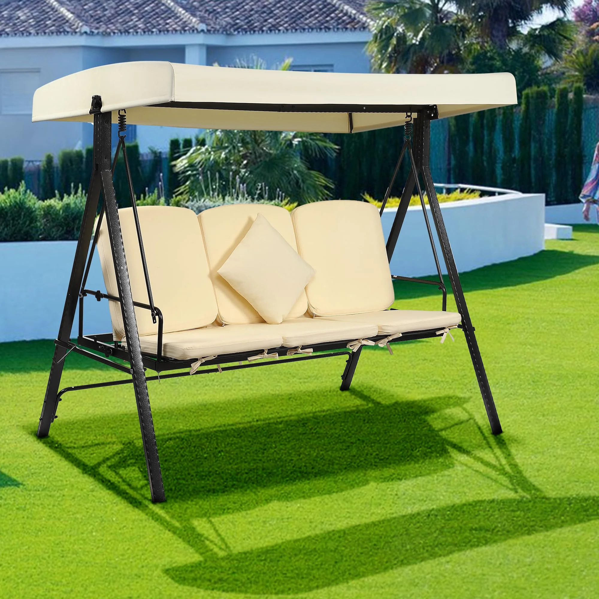 Patio Swing Chair, 2 in 1 Patio Swing Bed, 3-Seat Outdoor Porch Swing with Weather Resistant Steel Frame, Adjustable Waterproof Canopy, Cushions and Pillow, for Backyard