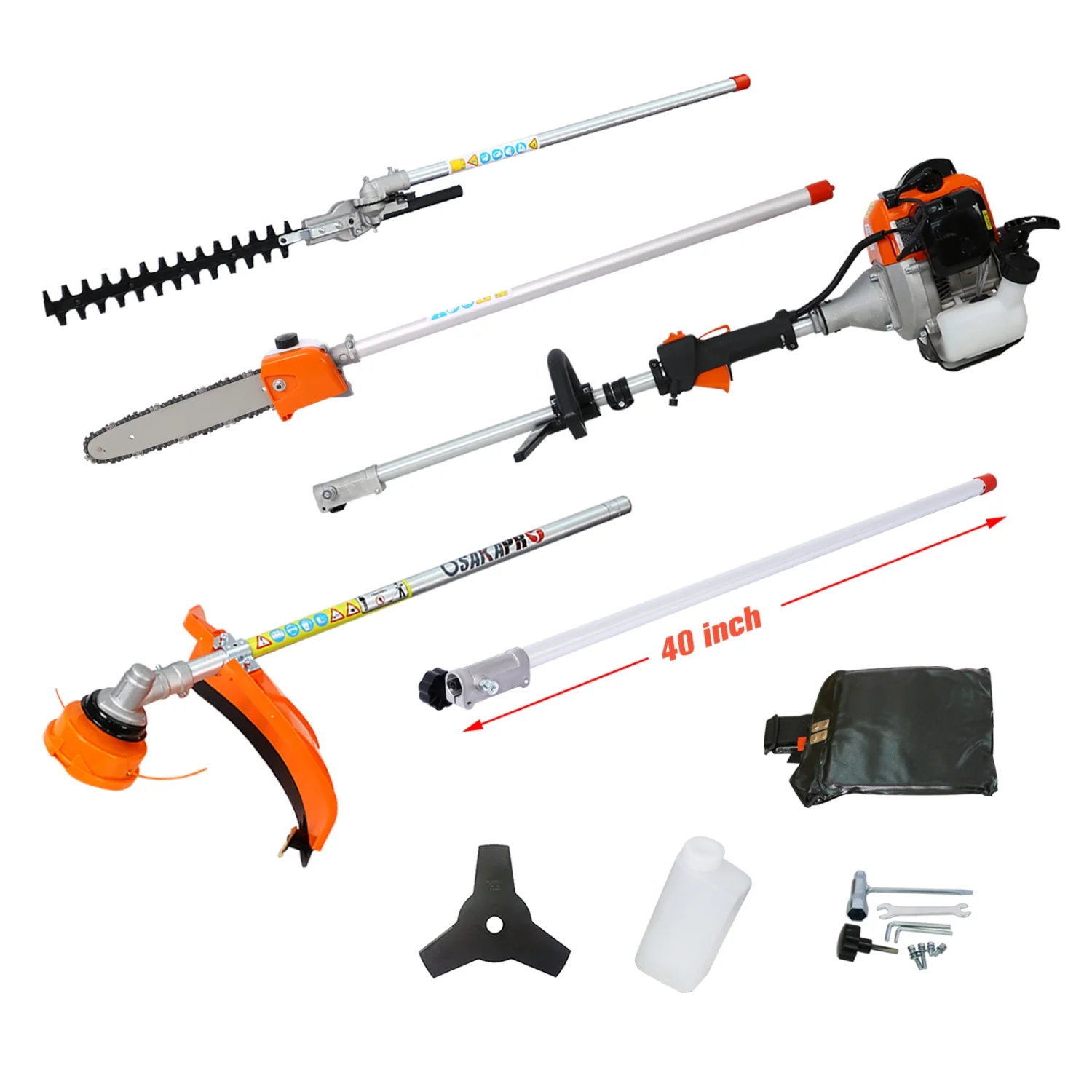 imerelez 5 in 1 Multi-Functional Trimming Tool, 56CC 2-Cycle Garden Tool System with Gas Pole Saw, Hedge Trimmer, Grass Trimmer, and Brush Cutter EPA Compliant