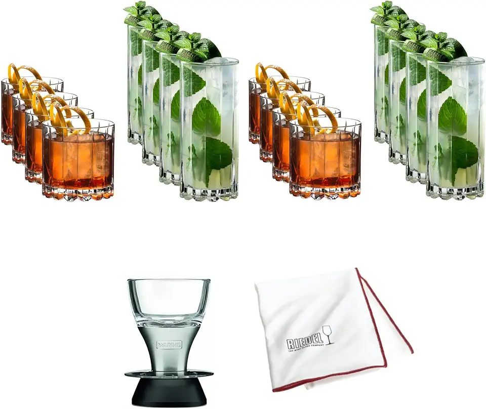 Riedel Drink Specific Glassware Rocks and Highball (Set of 16 Glasses) Bundle with Professional Wine Aerator and Large Microfiber Polishing Cloth (4 Items)