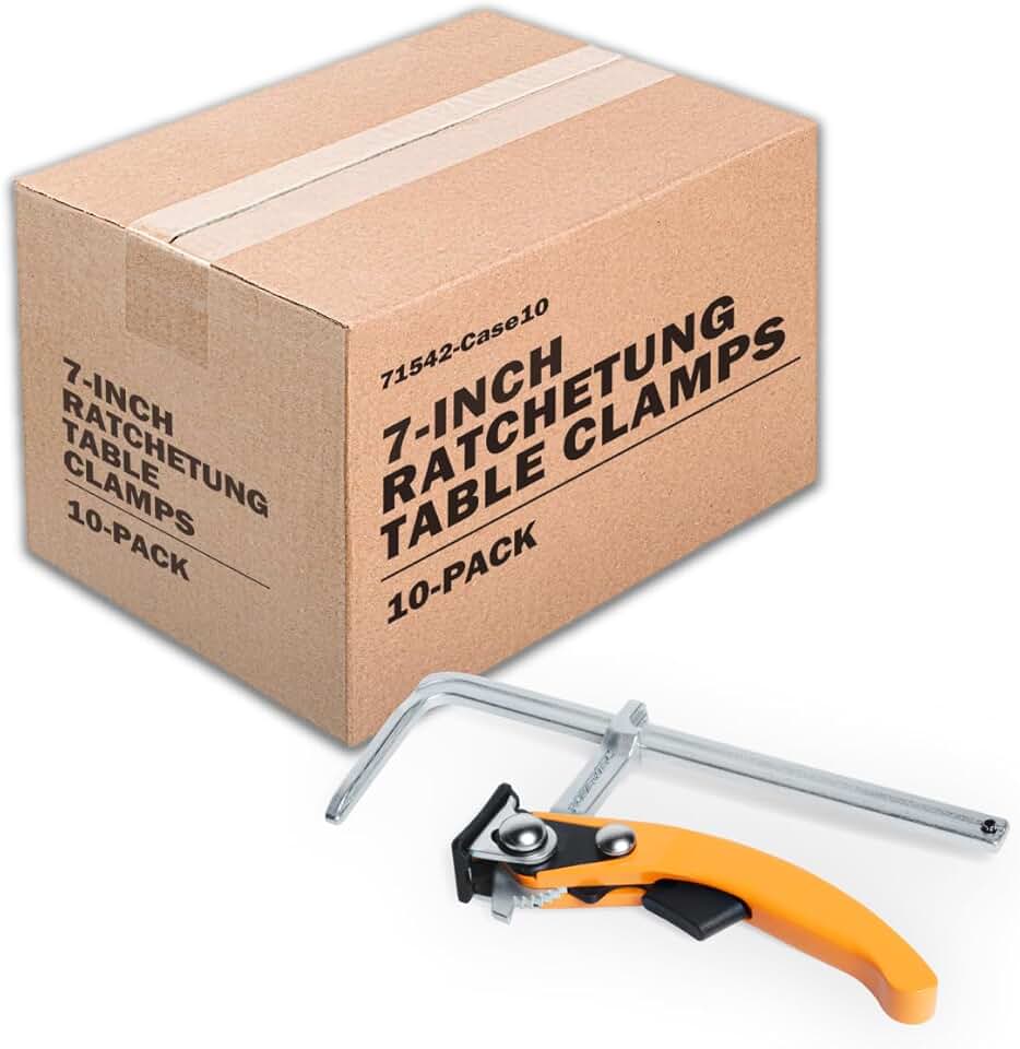 POWERTEC 71542 Quick Release Ratcheting Table Clamp for MFT and Guide Rail System, 7” Capacity x 2-3/8” Throat Depth, 2PK, case of 20