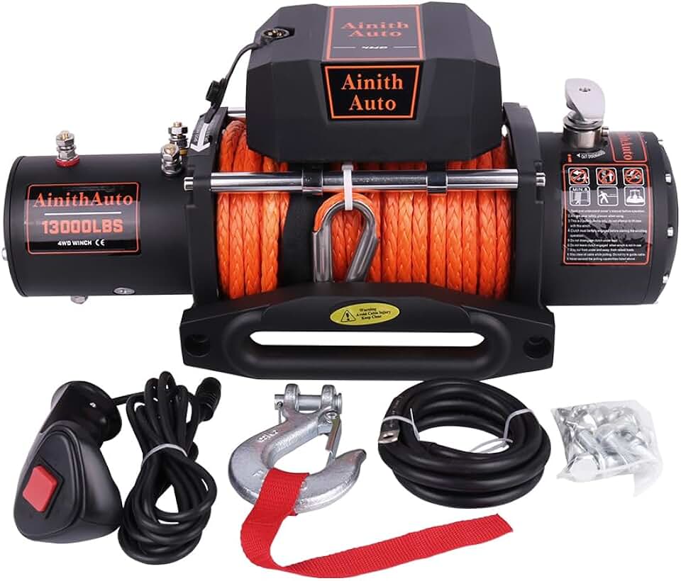 Winch 13500lb Waterproof Electric Synthetic Rope Winch with Wireless Remote,12V Electric Boat Trailer Winch Kit with Hawse Fairlead for Jeep Truck Off-Road Truck SUV