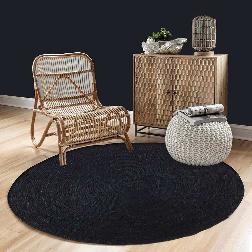 Natural Collection Circle Area Rug - 8 x 8 Ft' Black Pattern Jute Mat Ideal for High Traffic Area in Living Room Bedroom Indoor Outdoor Use Mat and Kitchen Home Decor from India.