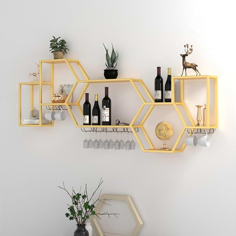 Wall Wine Shelves With LED light,Industrial style wine bottle display，Metal Industrial Hanging Wine Rack,liquor bottle shelf display hang，Gold, black，With wine glass rack，Living room, bar, kitchen(Gol