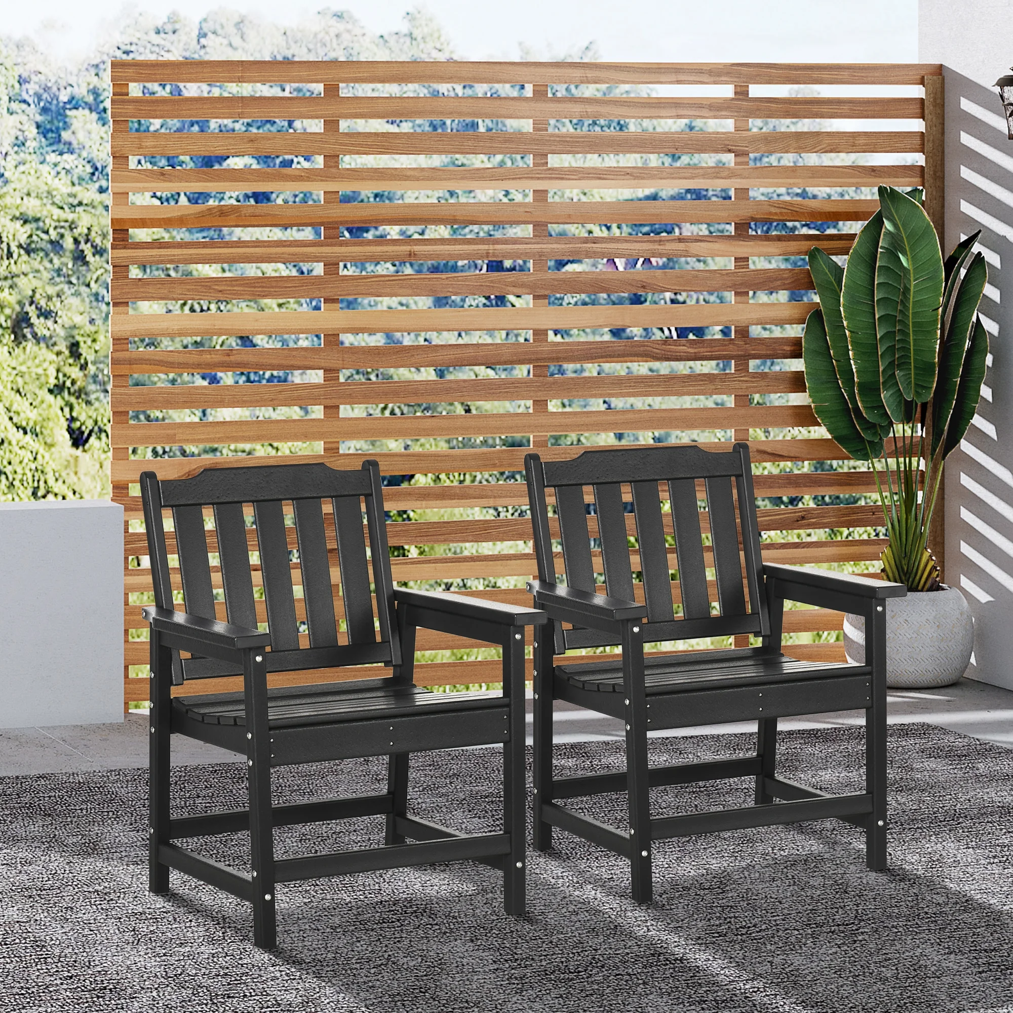 Outsunny 2 Outdoor Chairs with Armrests & Slatted Back, Black