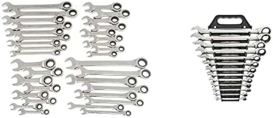 GEARWRENCH 34 Pc. 12 Pt. Ratcheting Combination Wrench Set, Standard & Stubby, SAE/Metric - 85034 & 13 Pc. 12 Pt. Ratcheting Combination Wrench Set, SAE - 9312
