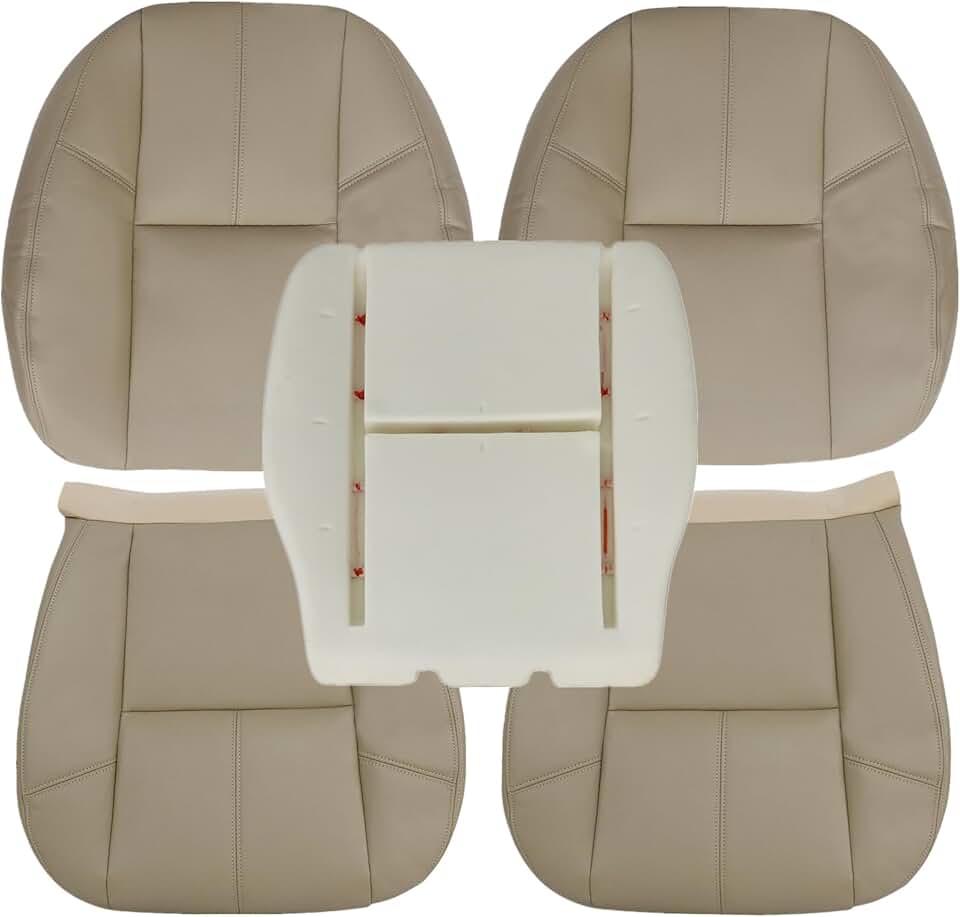Front Both Sides Bottom & Back Replacement Seat Covers & Driver Bottom Foam Cushion Fit for Chevy Silverado Tahoe Suburban Avalanche GMC Sierra Yukon 2007-2014, Microfiber Leather Tan #333