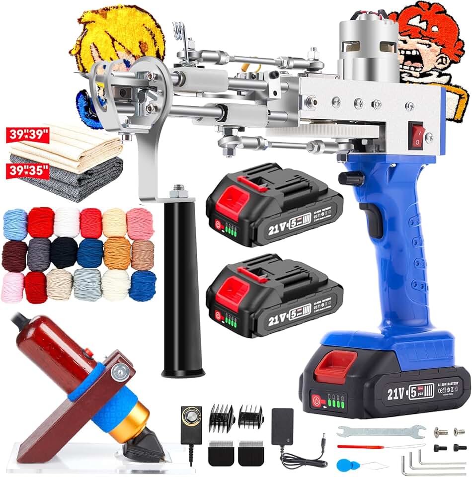 Riiai Cordless Tufting Gun Starter Kit, Wireless Tufting Gun with Carpet Trimmer-Cut Pile & Loop Pile Rug Tufting Gun w/ 2×2.0Ah Battery -200W Sharp Carpet Trimmer for Outdoor Use